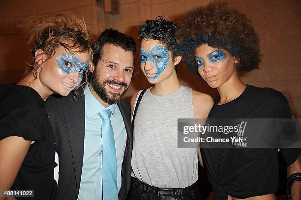 Designer Hendrik Vermeulen with his models are seen backstage of Hendrik Vermeulen show during Spring 2016 New York Fashion Week at Vanderbilt Hall...