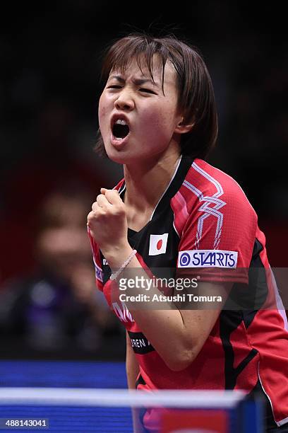 Sayaka Hirano of Japan celebrates a point against Wing Nam NG of Hong Kong during day seven of the 2014 World Team Table Tennis Championships at...