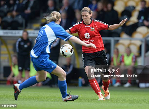 Louise Hutton of Cardiff City Ladies tackles Suzanne Davies of Sheffield FC Ladies during the FA Women's Premier League Cup Final between Cardiff...