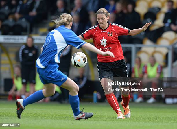 Louise Hutton of Cardiff City Ladies tackles Suzanne Davies of Sheffield FC Ladies during the FA Women's Premier League Cup Final between Cardiff...