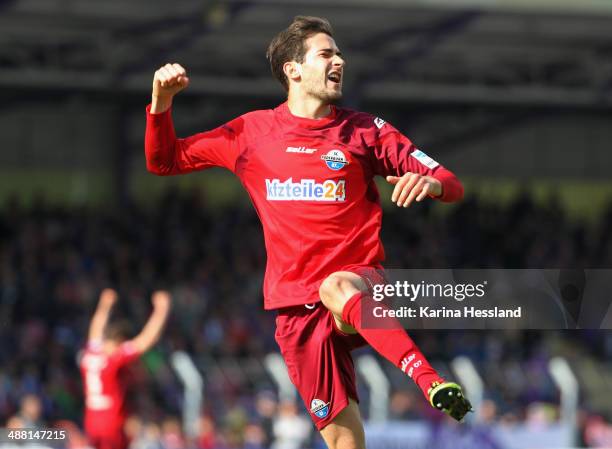 Mario Vrancic of Paderborn celebrates the second goal during the 2nd Liga match between FC Erzgebirge Aue and SC Paderborn 07 at...
