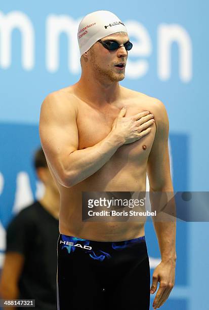 Steffen Deibler of Hamburger SC prepares for the start of the men's 100 m butterfly A final during day three of the German Swimming Championship 2014...