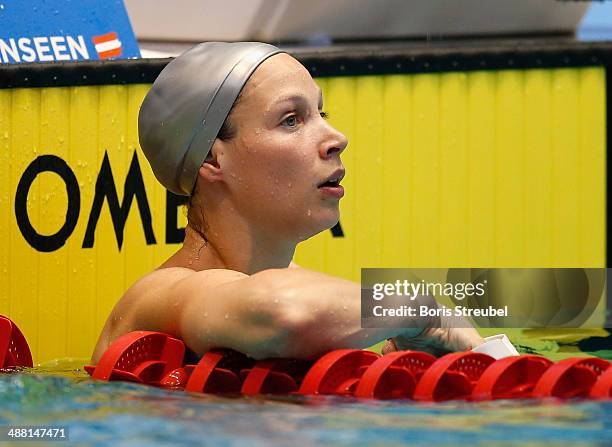 Dorothea Brandt of SG Essen looks on after winning the women's 50 m freestyle A final during day three of the German Swimming Championship 2014 at...