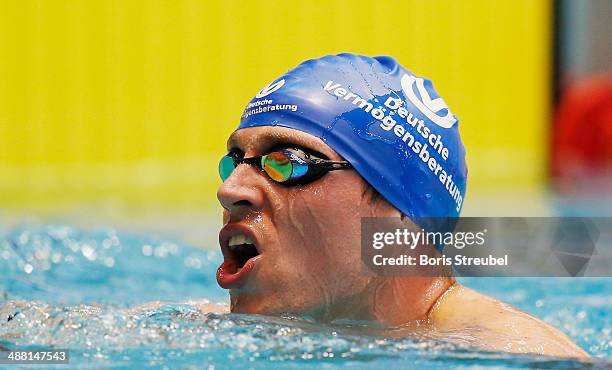 Paul Biedermann of SV Halle reacts after winning the men's 200 m freestyle A final during day three of the German Swimming Championship 2014 at...