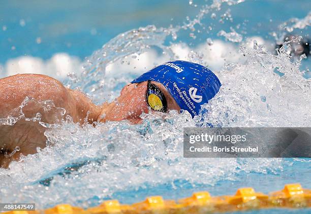 Paul Biedermann of SV Halle competes in the men's 200 m freestyle A final during day three of the German Swimming Championship 2014 at Eurosportpark...