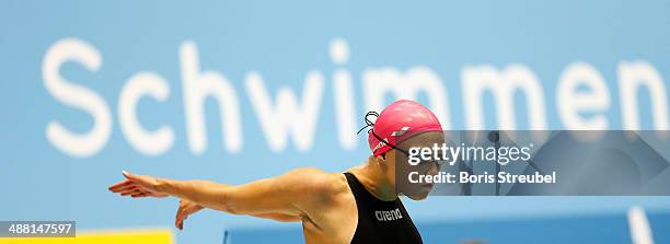 Vanessa Grimberg of SVR Stuttgart prepares for the start of the women's 200 m breaststroke A final during day three of the German Swimming...