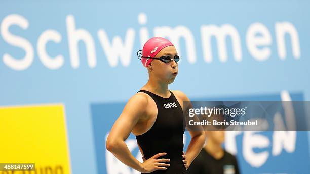 Vanessa Grimberg of SVR Stuttgart prepares for the start of the women's 200 m breaststroke A final during day three of the German Swimming...