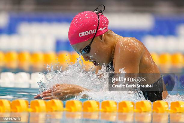 Vanessa Grimberg of SVR Stuttgart competes in the women's 200 m breaststroke A final during day three of the German Swimming Championship 2014 at...