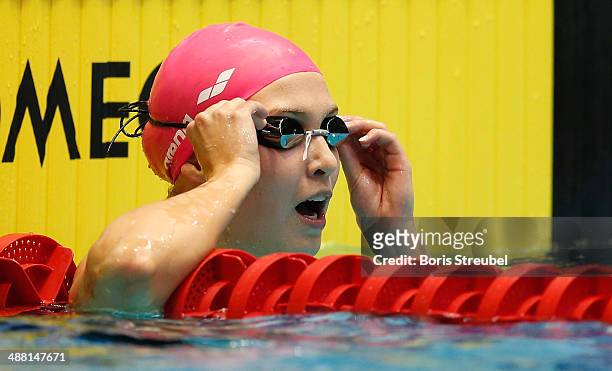 Vanessa Grimberg of SVR Stuttgart reacts after winning the women's 200 m breaststroke A final during day three of the German Swimming Championship...
