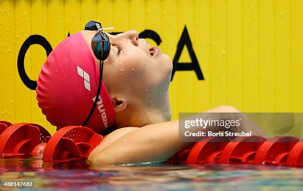 Vanessa Grimberg of SVR Stuttgart reacts after winning the women's 200 m breaststroke A final during day three of the German Swimming Championship...