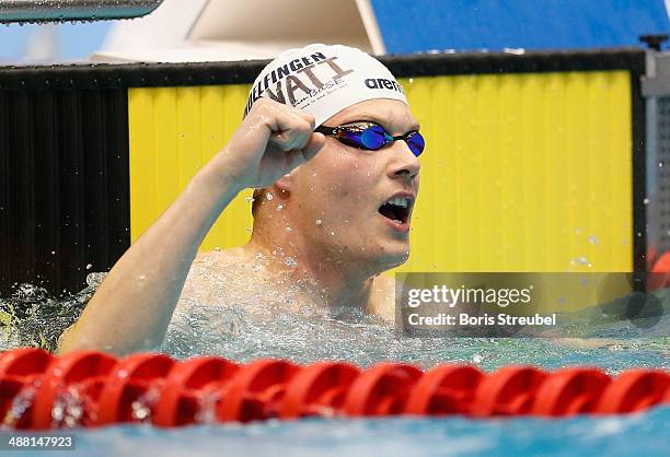 Bjoern Hornikel of VfL Sindelfingen celebrates after winning the men's 50 m freestyle A final during day three of the German Swimming Championship...