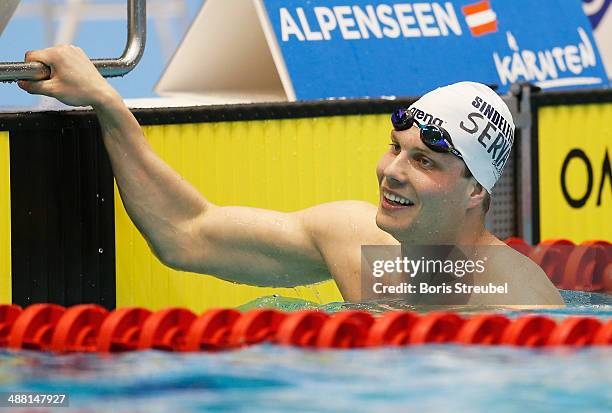 Bjoern Hornikel of VfL Sindelfingen reacts after winning the men's 50 m freestyle A final during day three of the German Swimming Championship 2014...