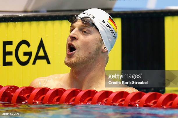 Steffen Deibler of Hamburger SC reacts after the men's 50 m freestyle A final during day three of the German Swimming Championship 2014 at...