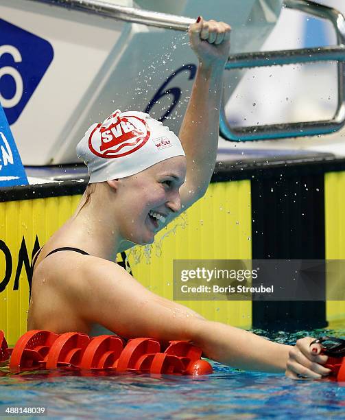 Annika Bruhn of SV Bietigheim celebrates after winning the women's 200 m freestyle A final during day three of the German Swimming Championship 2014...