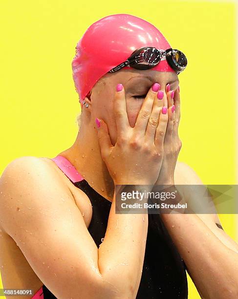 Johanna Friedrich of SC Magdeburg reacts prior to the women's 200 m freestyle A final during day three of the German Swimming Championship 2014 at...