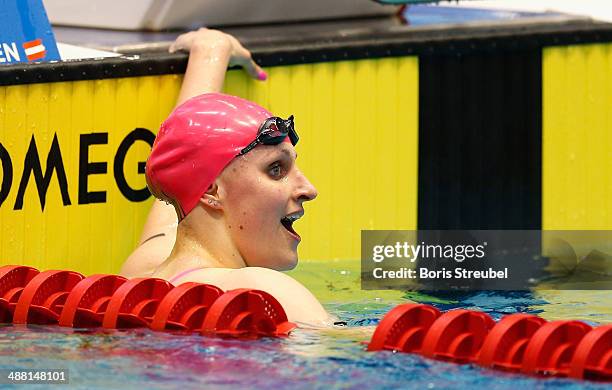 Johanna Friedrich of SC Magdeburg reacts after the women's 200 m freestyle A final during day three of the German Swimming Championship 2014 at...