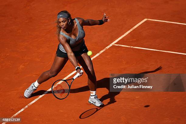 Serena Williams of USA in action against Belinda Bencic of Switzerland during day two of the Mutua Madrid Open tennis tournament at the Caja Magica...