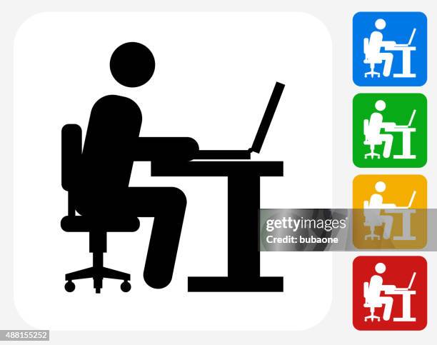 man working on computer icon flat graphic design - male student white background stock illustrations