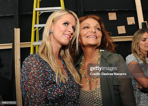 Nicky Hilton Rothschild and fashion designer Diane Von Furstenberg pose backstage during Diane Von Furstenberg Front Row & Backstage Spring 2016 New...