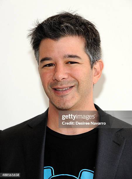 Founder and CEO of Uber,Travis Kalanick poses backstage during Diane Von Furstenberg Spring 2016 New York Fashion Week at Spring Studios on September...