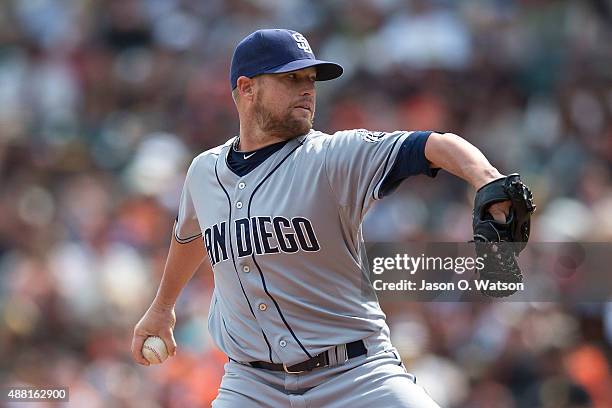 Bud Norris of the San Diego Padres pitches against the San Francisco Giants during the fourth inning at AT&T Park on September 13, 2015 in San...