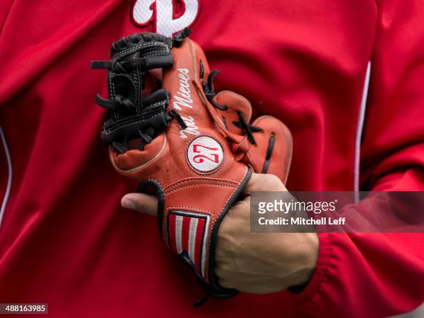 Close up of the warm up glove for catcher Wil Nieves of the Philadelphia Phillies prior to the game against the Washington Nationals on May 4, 2014...