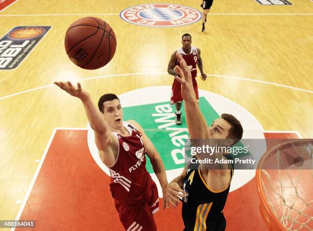 Robin Benzing of Bayern Muenchen goes for a layup during the basketball match between Bayern Muenchen and ALBA Berlin at Audi-Dome on May 4, 2014 in...