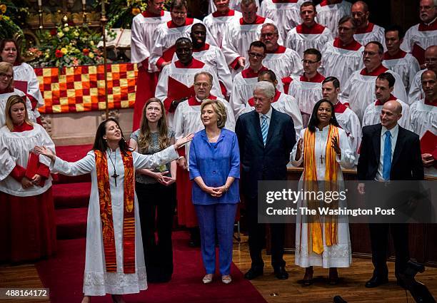 Former Secretary Hillary Clinton, along with her daughter, Chelsea Clinton and former President Bill Clinton participate in the Bicentennial...