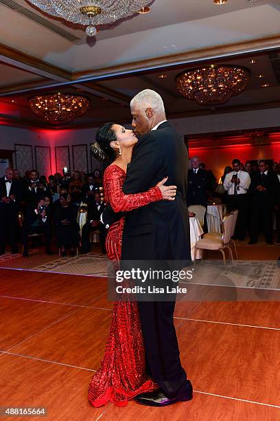 Julius and Dorys Erving dance at The Julius Erving "Black Tie" Ball Event at The Rittenhouse Hotel on September 13, 2015 in Philadelphia,...