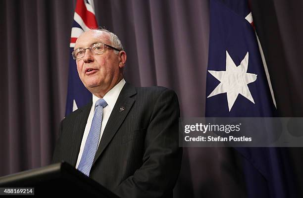 Deputy Prime Minister Warren Truss speaks to the media during a press conference at Parliament House on September 14, 2015 in Canberra, Australia....