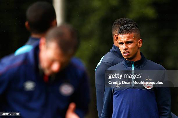 Adam Maher of PSV looks on during the PSV Eindhoven training session held at De Herdgang on September 14, 2015 in Eindhoven, Netherlands. PSV will...