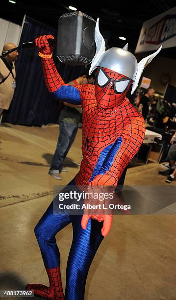 Cosplayer dressed as Spider Man and Thor mashup at the Long Beach Comic-Con 2015 held at Long Beach Convention Center on September 13, 2015 in Long...