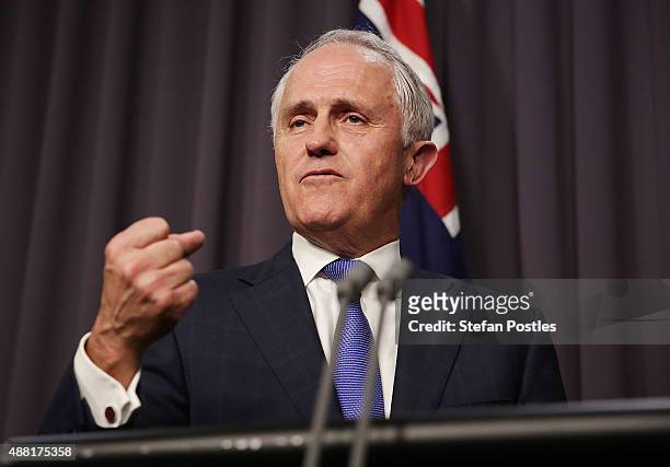 Malcolm Turnbull speaks to the media after winning the leadership ballot at Parliament House on September 14, 2015 in Canberra, Australia. Malcolm...