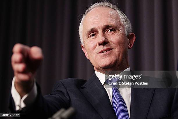 Malcolm Turnbull speaks to the media after winning the leadership ballot at Parliament House on September 14, 2015 in Canberra, Australia. Malcolm...