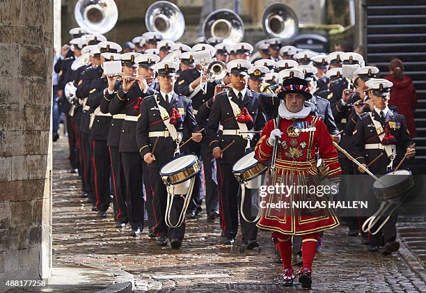 Military personnel from the Dutch Naval ship HNLMS Johan de Witt, march through the Tower of London in central London on September 14 as prepare to...