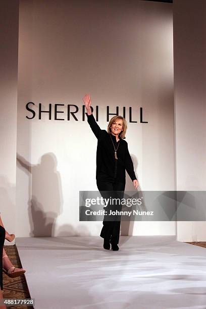 Designer Sherri Hill walks the runway during the Sherri Hill Spring 2016 presentation at The Plaza on September 13 in New York City.