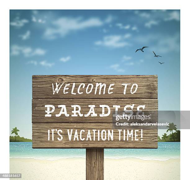 tropical beach with wooden sign - plank stock illustrations