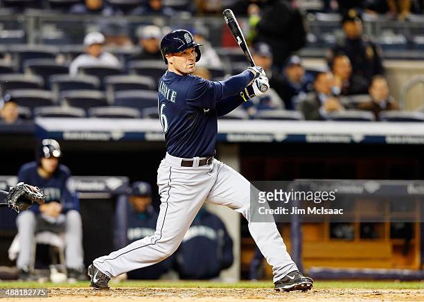 Cole Gillespie of the Seattle Mariners in action against the New York Yankees at Yankee Stadium on April 29, 2014 in the Bronx borough of New York...