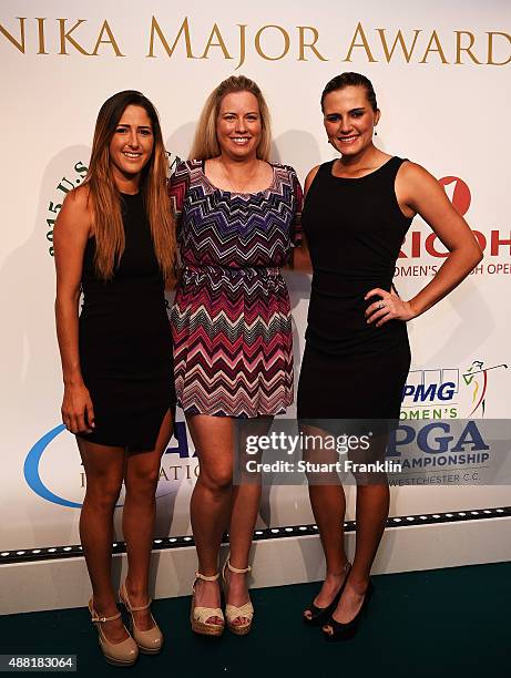 Jaye Marie Green, Brittany Linicome and Lexi Thompson of USA pose for a picture prior to the Rolex Award ceremony after the third round of the Evian...