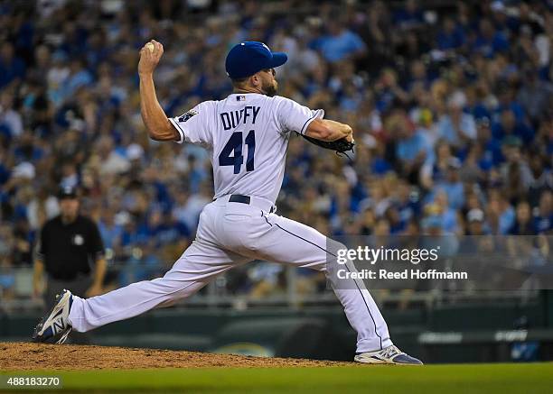 Danny Duffy of the Kansas City Royals throws against the Chicago White Sox during the seventh inning of a game at Kauffman Stadium on September 5,...