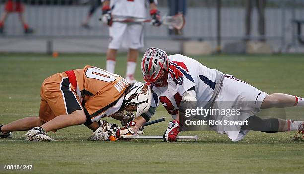 John Ortolani of the Rochester Rattlers faces off against Chris Eck of the Boston Cannons at Sahlen's Stadium on May 2, 2014 in Rochester, New York....
