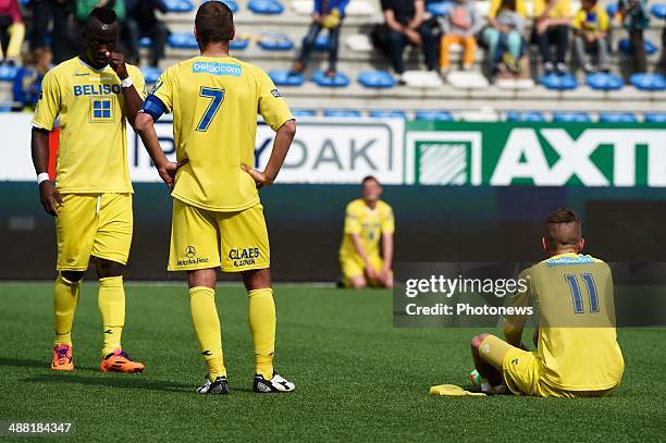 Ibrahim Some of Sint-Truiden - Gregory Dufer of Sint-Truiden - Joeri Dequevy of Sint-Truiden during the Division 2 final lap match between STVV...