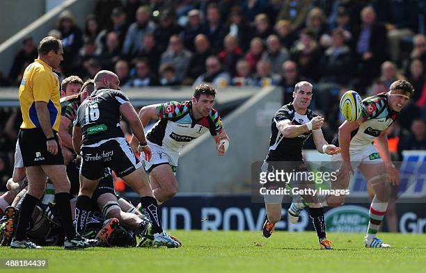 Haydn Thomas of Exeter Chiefs releases a pass during the Aviva Premiership match between Exeter Chiefs and Harlequins at Sandy Park on May 4, 2014 in...
