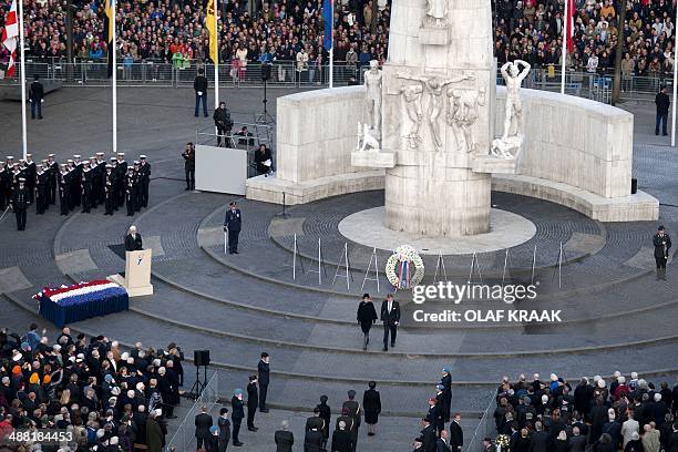 Dutch King Willem-Alexander and Queen Maxima attend the National Remembrance ceremony at the National Monument on Dam Square in Amsterdam on May 4,...