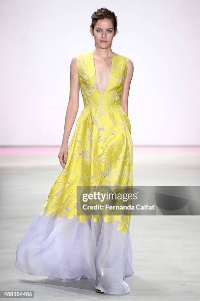 Model walks the runway wearing Lela Rose Spring 2016 during New York Fashion Week: The Shows at The Gallery, Skylight at Clarkson Sq on September 14,...