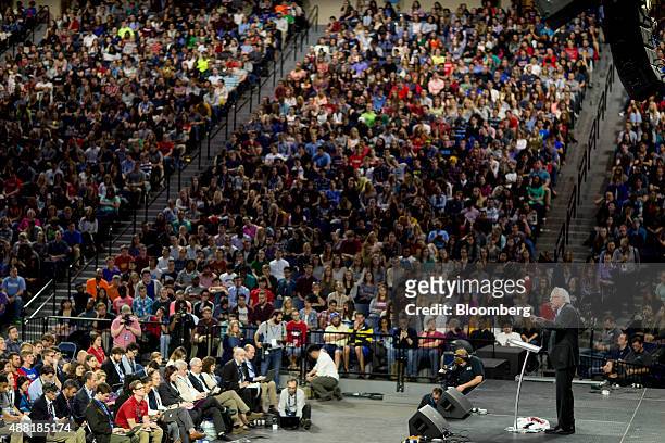 Senator Bernie Sanders, an independent from Vermont and 2016 Democratic presidential candidate, bottom right, speaks during a Liberty University...