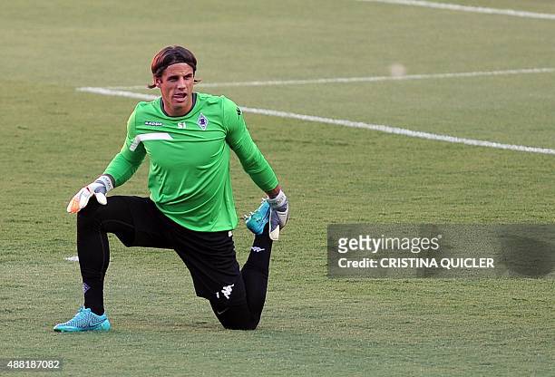 Borussia Monchengladbach's goalkeeper Yann Sommer stretches during a training session at the Ciudad Deportiva training ground in Sevilla on September...