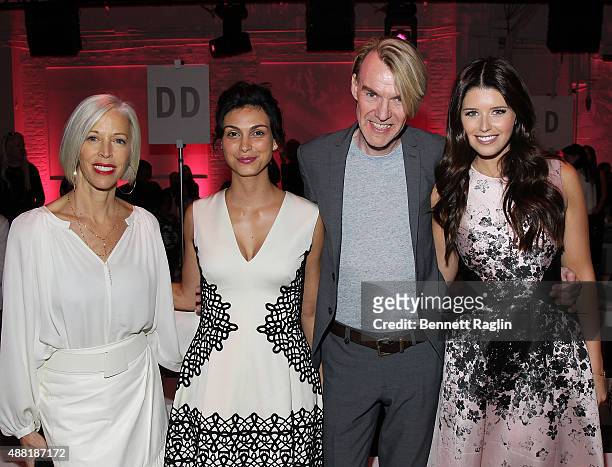 Linda Fargo, Morena Baccarin, Ken Downing and Katherine Schwarzenegger pose for a picture on the front row at the Lela Rose Fashion Show during...