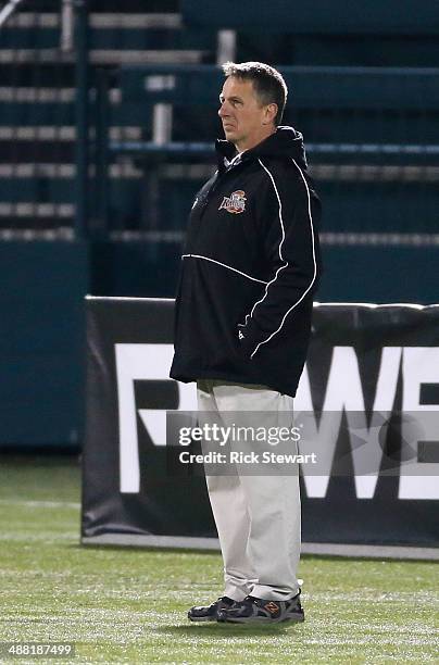 Tim Soudan, head coach of the Rochester Rattlers watches play from the sidelines against the Boston Cannons at Sahlen's Stadium on May 2, 2014 in...