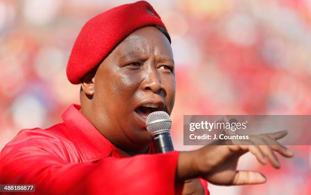 Commander in Chief of the Economic Freedom Fighters and South African presidential candidate Julius Malema addresses supporters at an Economic...